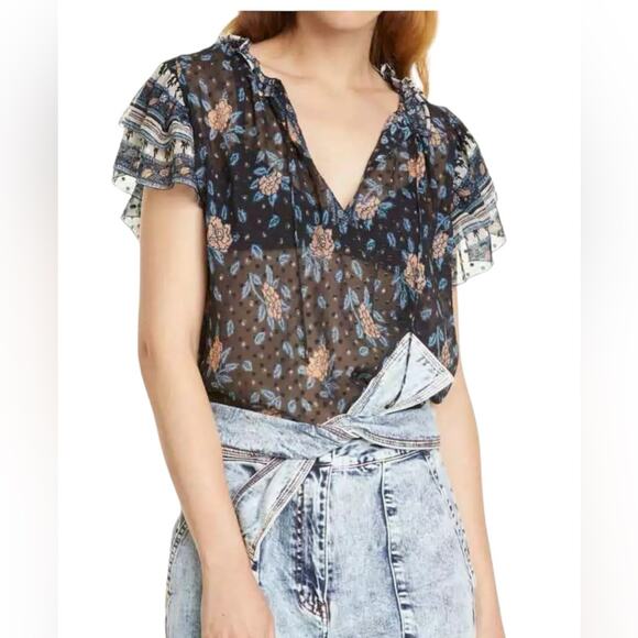 Tops - ULLA JOHNSON "Elis" Silk Blouse Swiss Dot Floral Print BOHO  Size:: XS | US 0